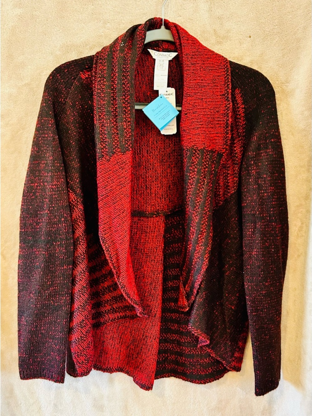 NWT Conrad C Red Black Open Cardigan Shawl Collar Knit Sweater M